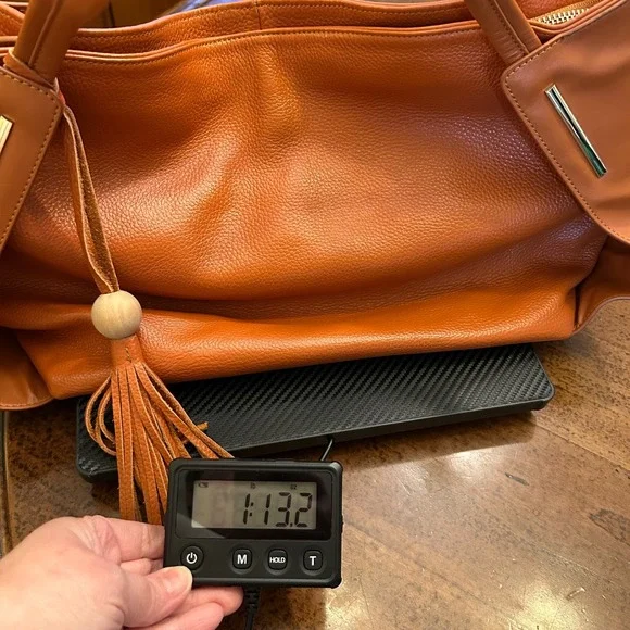 Kattee Cognac Brown Pebbled Leather Hobo Shoulder Bag Fringe Tassel Gold Accent - Picture 14 of 15